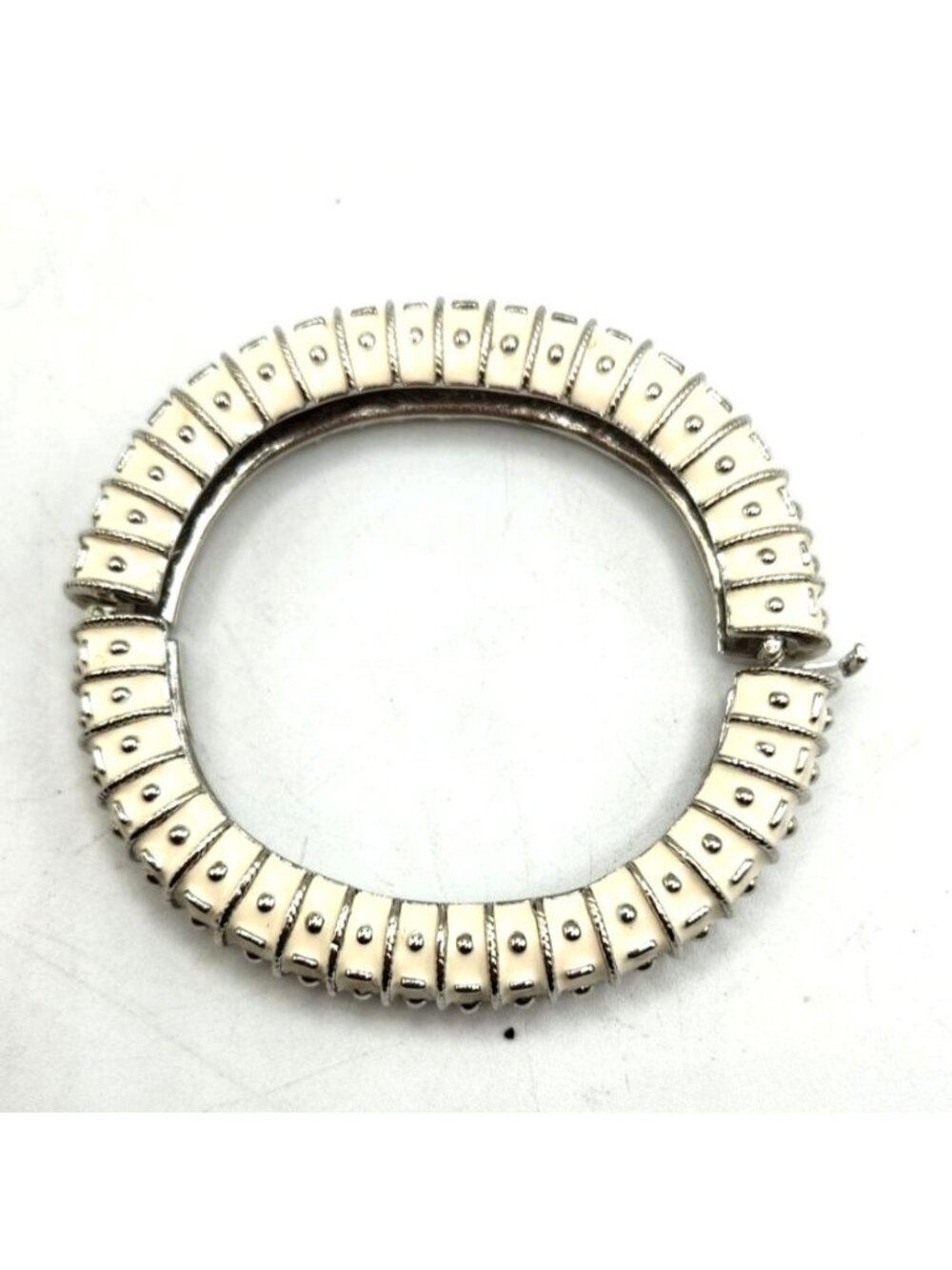 Vintage Hinged Silver-Tone & Cream Enamel Bracelet With Studded Detailing